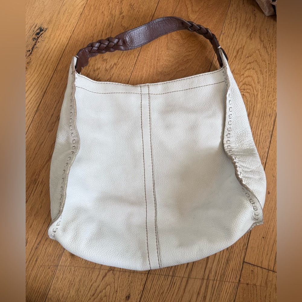 Lucky Brand Pebbled Leather Hobo Cream Brown Braided Strap Slouchy Shoulder Bag